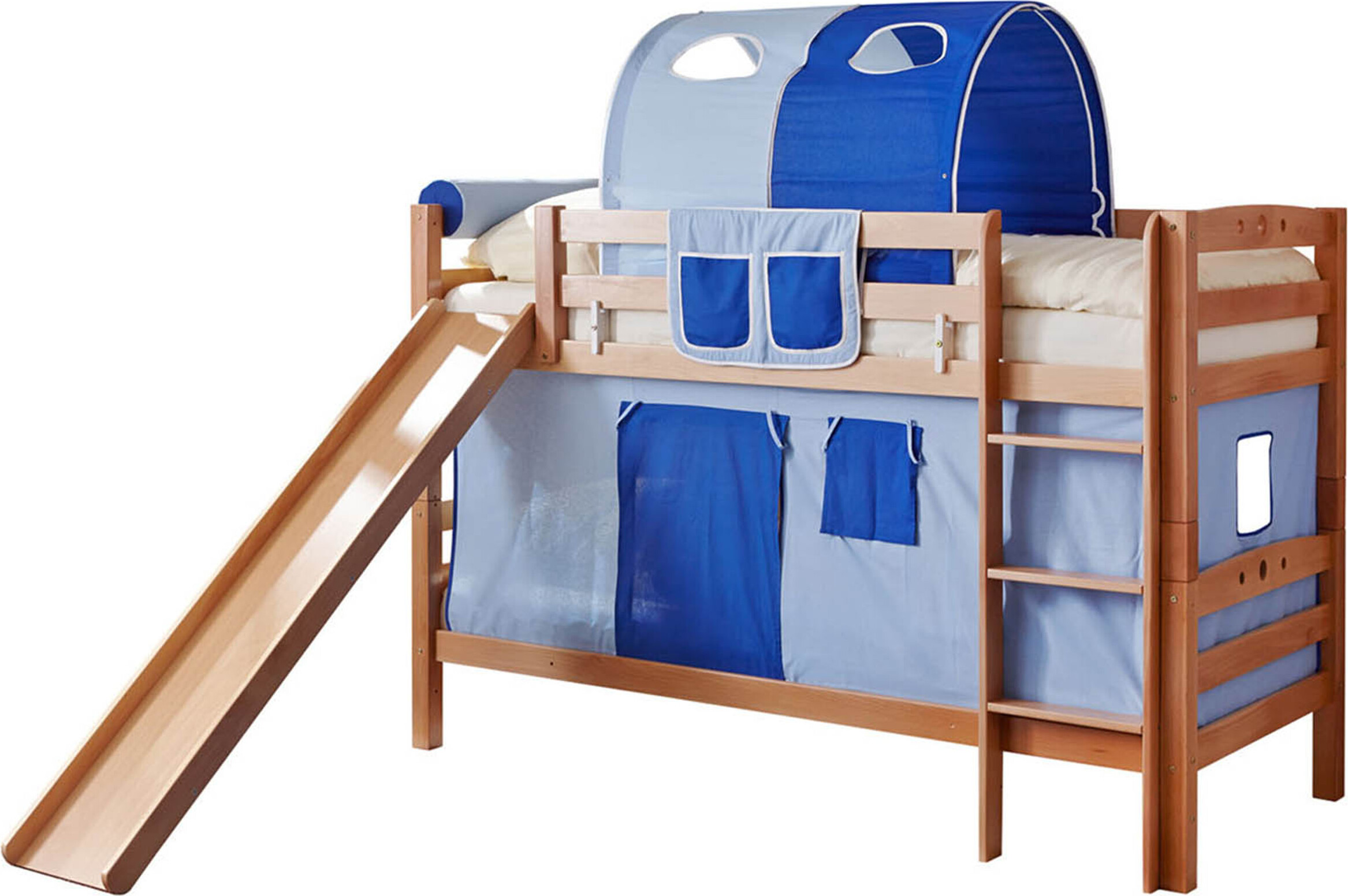 Etagenbett mit Rutsche Doppelbett Buche massiv Natur, Vorhangstoff:Hellblau Dunkelblau