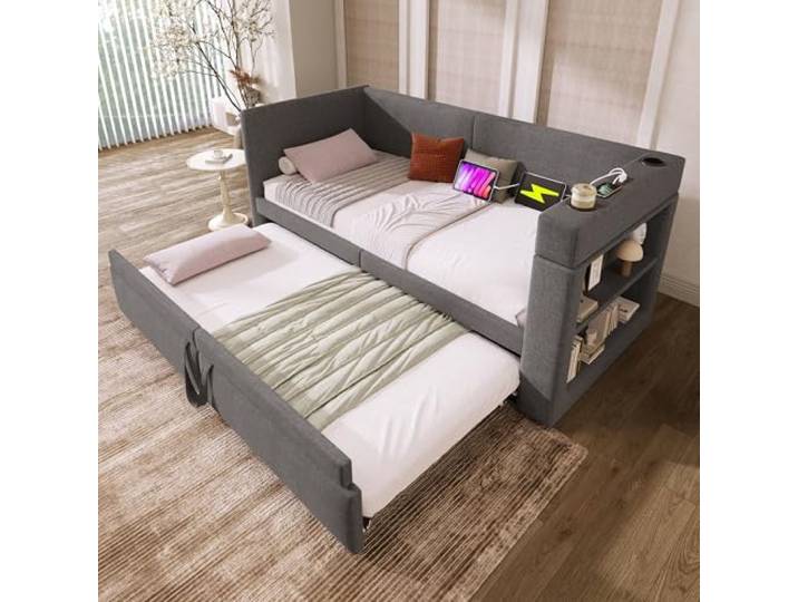 TOBIDOEN Polstertes Schlafsofa 90x200 cm Daybett mit Ausziehbett, Bett Ausziehbar zum Doppelbett, Armlehnen mit Funktion, Mehrregalschrank & Getränkehalter, ohne Matratze, Leinen-Baumwolle, Grau