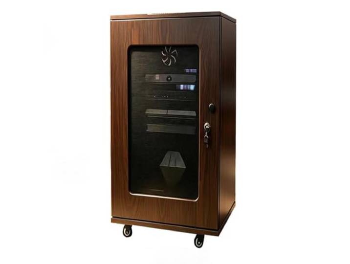 SHYJSGHZ Moderner Holz AV-Ständer, Stereo-Schrank mit Rollen Medienaufbewahrung für Wohnzimmer, Heimkino und Aufnahmestudio, praktisches Möbelstück(Walnut,22.4*22.4*47.2in)