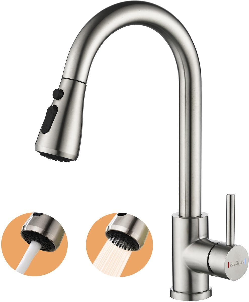 Moderne Keuken Mengkraan met Uittrekbare Handdouche en 3 Functies in Geborsteld Zilver