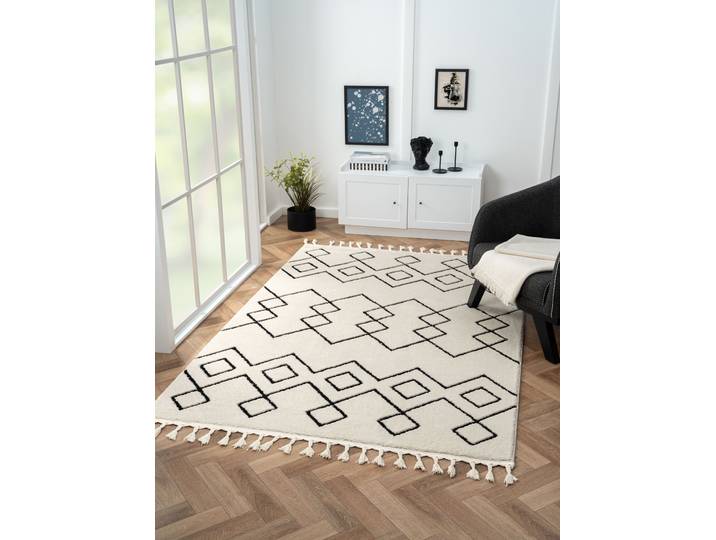 Hochflor-Teppich Moroccan Mural , schwarz-weiß (weiß, schwarz), B:160cm H:24mm L:230cm, Polyester, Polypropylen (PP), MYFLAIR MÖBEL & ACCESSOIRES, Teppiche, Hochflor-Teppich, modern, marokkanisches Design, flauschig weich, mit Fransen