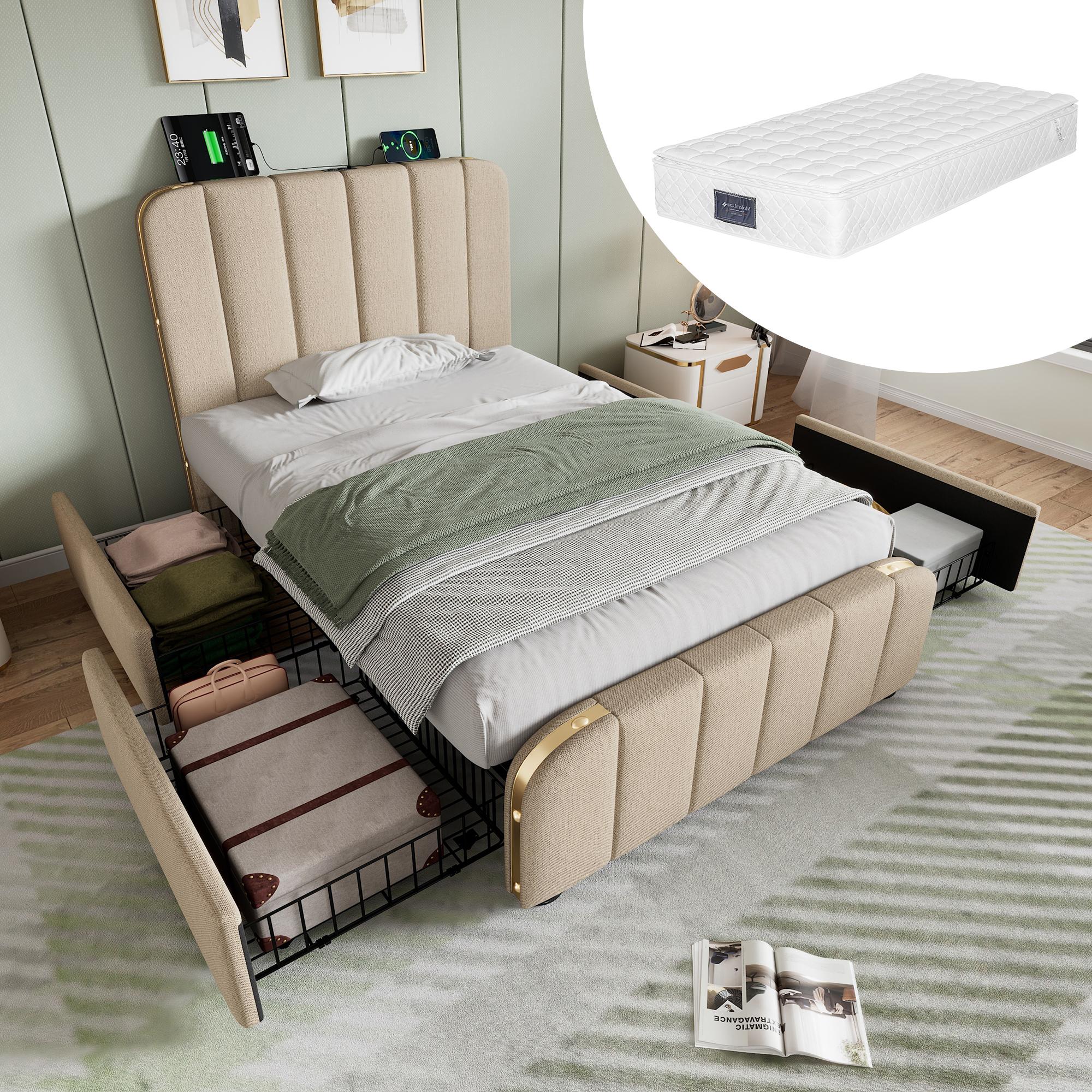 Polsterbett Einzelbett, gepolstertes Kopfteil mit goldenen Zierstreifen und ,USB Typ-C Ladefunktion 90*200 cm