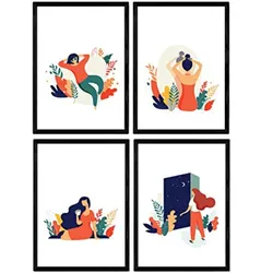 POSTER Set mit 4 Frau in der Nacht mit Sternen und Mond A4 Rahmenlos