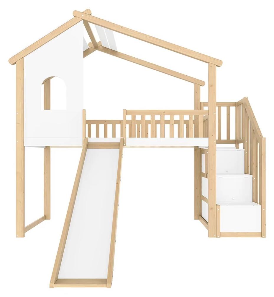 Kinderhochbett - 90 x 200 cm - Ohne Matratze - Sicherheitsgitter - Leiter mit Stauraum - Dekoratives Fenster - Naturweiß