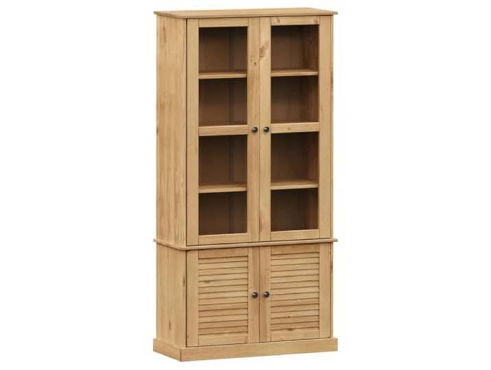 fsahslih Vitrine VIGO 85x35x170 cm Massivholz Kiefer Schrank mit Glas Rustikaler Standvitrinenschrank mit Glastüren und Einlegeböden für Wohnzimmer und Esszimmer im zeitlosen Honigwachs-Finish.