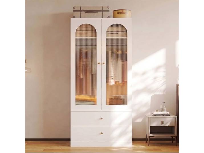 Armoire de Chambre avec Portes en Verre Strié - Armoire avec 2 Portes avec Penderie et 2 Tiroirs - Poignée dorée - Blanc