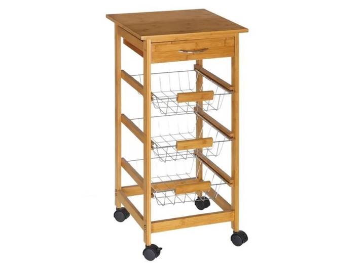 Chariot de cuisine - JUANIO - desserte 37x37x77 cm - Bambou - 1 tiroir & 3 paniers - Roulettes