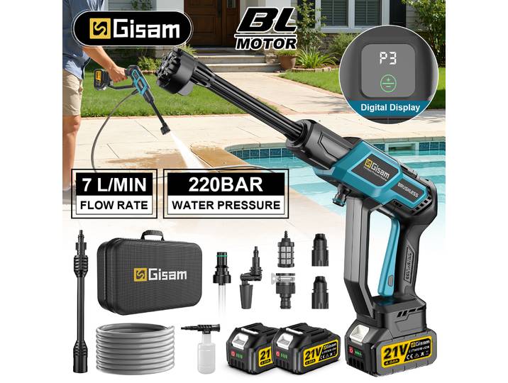 Pistolet de lavage haute pression électrique sans fil Gisam 220 bars, pour voiture et jardin, compatible avec batterie Makita 18V.