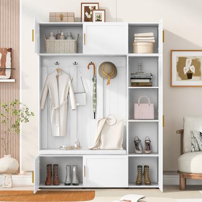 AISWORD American Style 4-in-1 Hall Tree with Padded Bench, 4 Hooks, and Multi-Tier Storage Shelves
