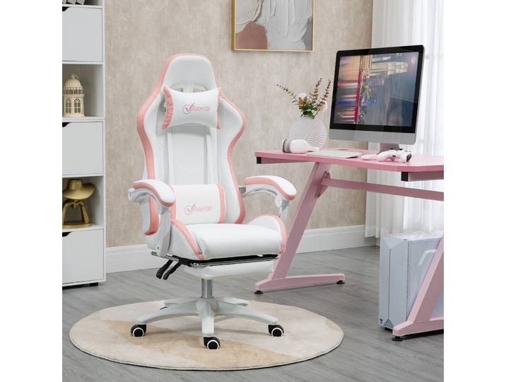 Vinsetto Chaise Gaming Hauteur Réglable Dossier Inclinable Blanc Rose