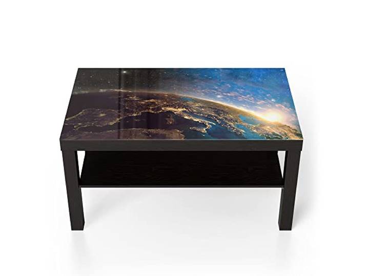 DEQORI Glastisch schwarz groß 90x50 cm Motiv Erdball bei Sonnenaufgang ausgefallener Beistelltisch aus Glas Hochglanz Couchtisch fürs Wohnzimmer moderner Couch Tisch mit Design