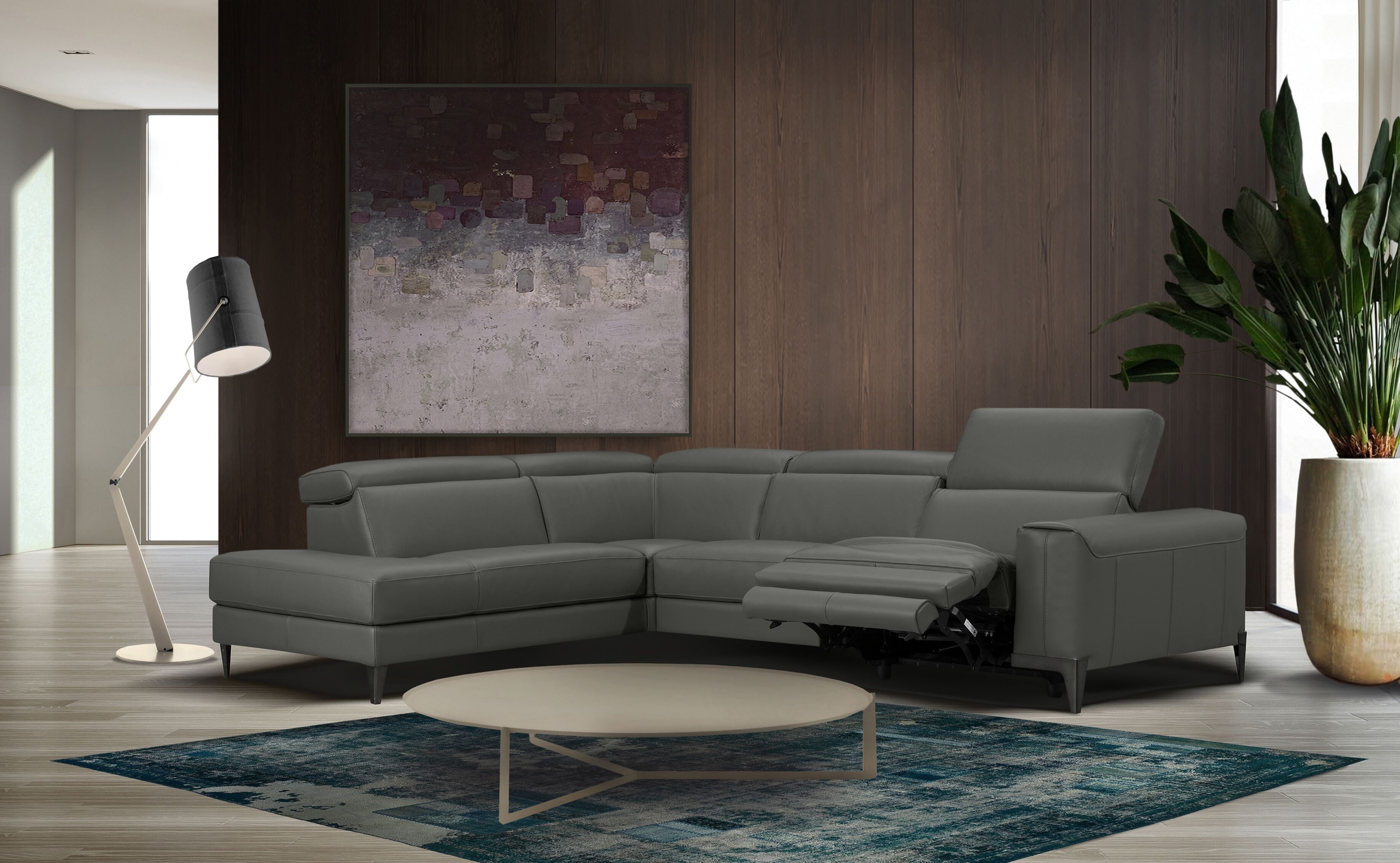 Ecksofa CALIA ITALIA "Benja, Designsofa mit erstklassigen Komfortfunktionen zum Wohlfühlen", grau (iron), B:294cm T:227cm, Sofas, Ecksofa, in Leder, mit elektrischer Relaxfunktion