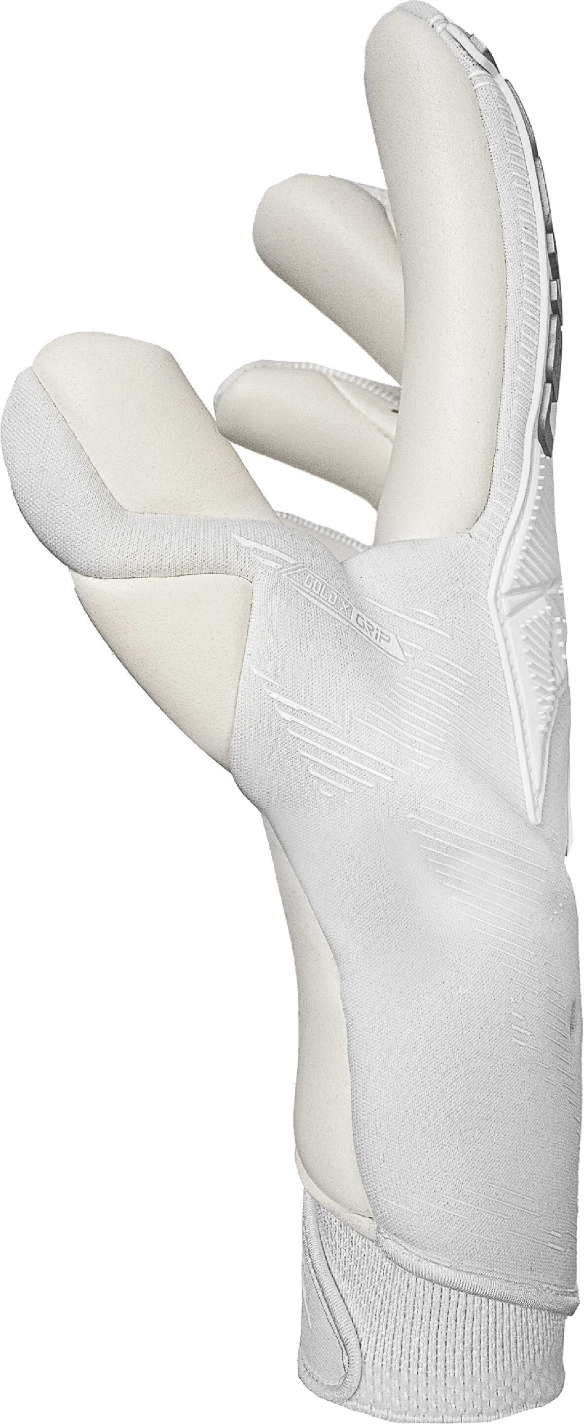 Torwarthandschuhe REUSCH "Attrakt Gold X Strapless", Damen, Gr. 7.5, weiß, silberfarben, Materialmix, 20% Gummi, 17% Polyester, Handschuhe, mit hochgriffigem Profi-Haftschaum