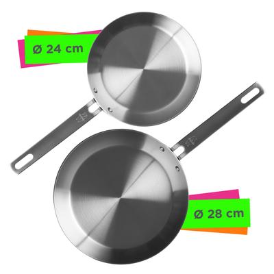 Pfannen-Set WOLL "WOLL MÄLZER x WOLL Edelstahl Pfannen 24+28cm 5-ply Induktion", silber (silberfarben), Pfannen, 2-TEILIGES EDELSTAHL-PFANNEN-SET: Zwei Edelstahlpfannen für jeden Tag