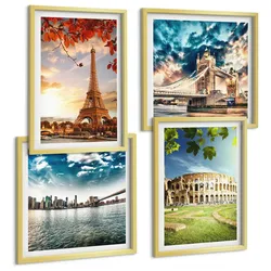 BILDER SET 4er Set - 50x50 cm & 40x60 cm Goldrahmen - Denkmäler Europas in warmen Farben