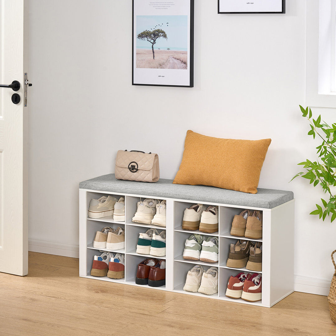 Borough Wharf Shoe Storage Bench with Padded Seat, Shoe Rack Bench with 12 Open Compartments, Adjustable Shelves, Shoes Cabinet with Cushion for Hallway, Living Roo White 49cm H X 104cm W X 30cm D