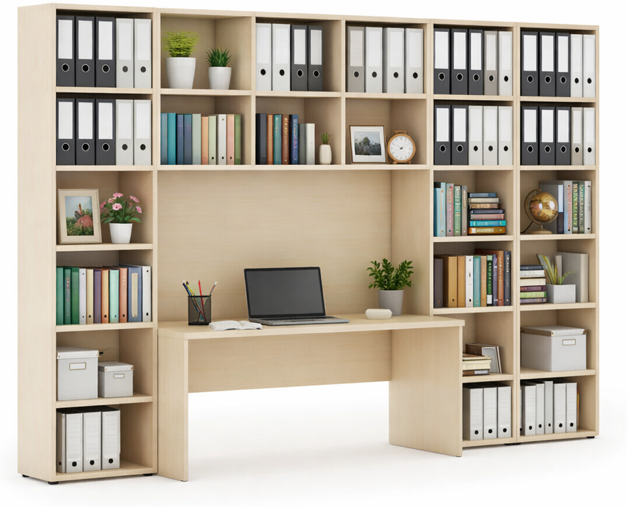 B2B Partner Bücherregalset INTEGRO mit integriertem Tisch, höher/breiter, 3550 x 700/400 x 2300 mm, Eiche natur