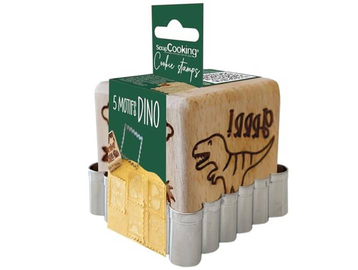 SCRAP COOKING ScrapCooking 5299 houten bakstempel met dinosaurusmotief, met 1 koekjesvorm en kubus met 5 zijden gegraveerd in reliëf, vorm voor dino verjaardag