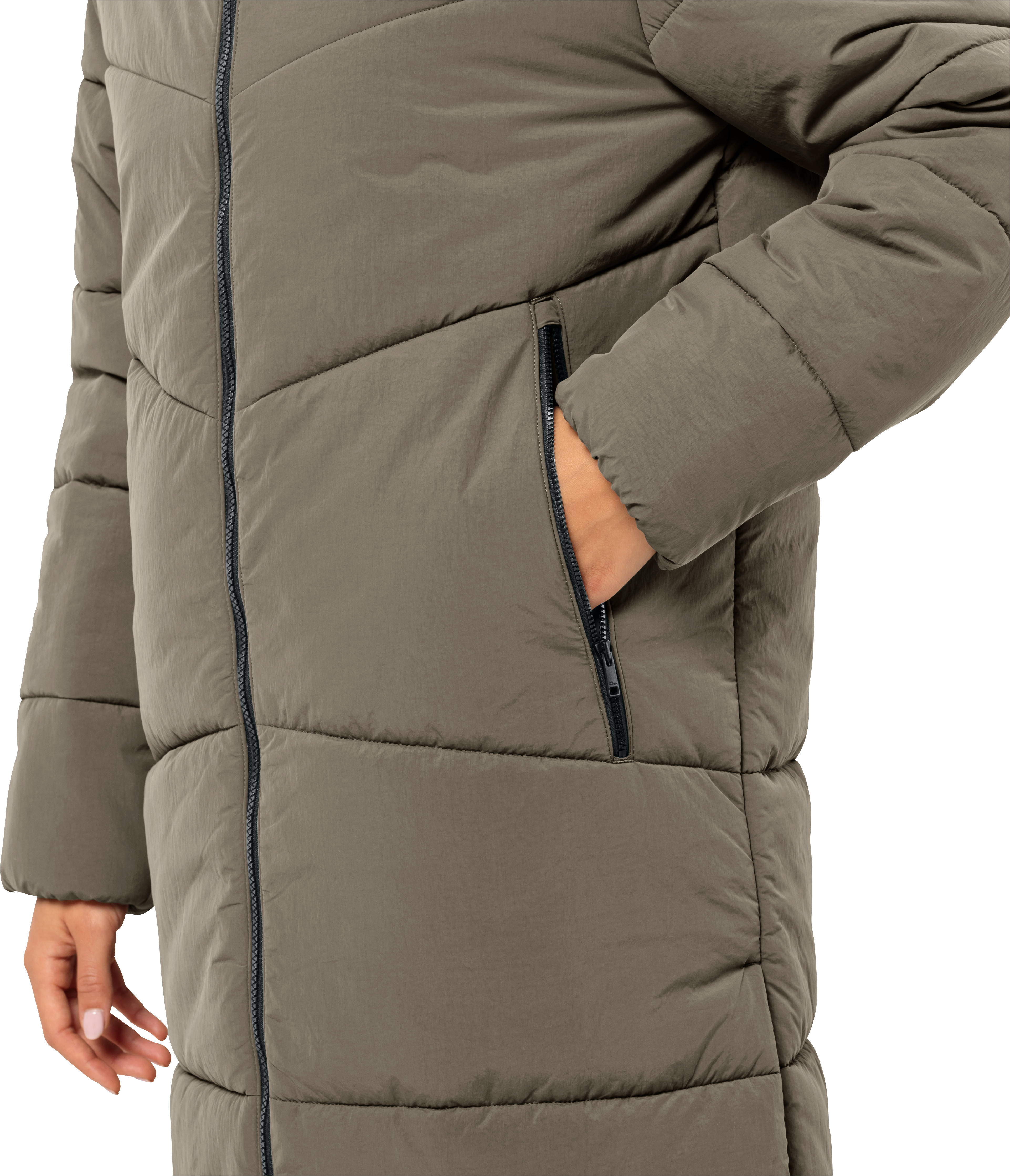 Funktionsmantel JACK WOLFSKIN "KAROLINGER LONG COAT W", Damen, Gr. XS (34), braun (cold coffee), Obermaterial: 100% Polyamid. Futter: 100% Polyester. Füllung: 100% Polyester, unifarben, hoch geschlossener Ausschnitt, Mäntel Funktionsmantel, mit Gehschlitz