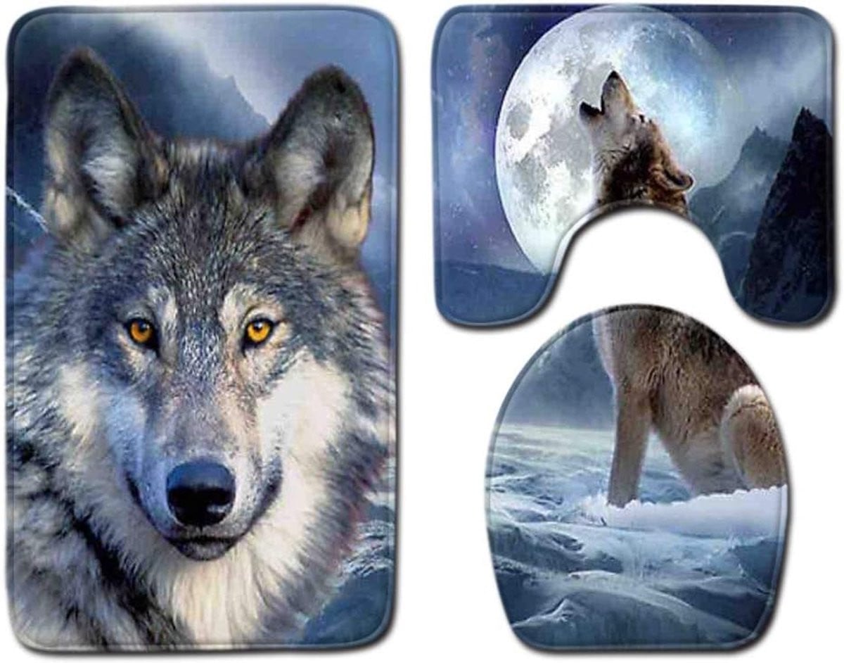 3-delige badmat set met 3D wolf print