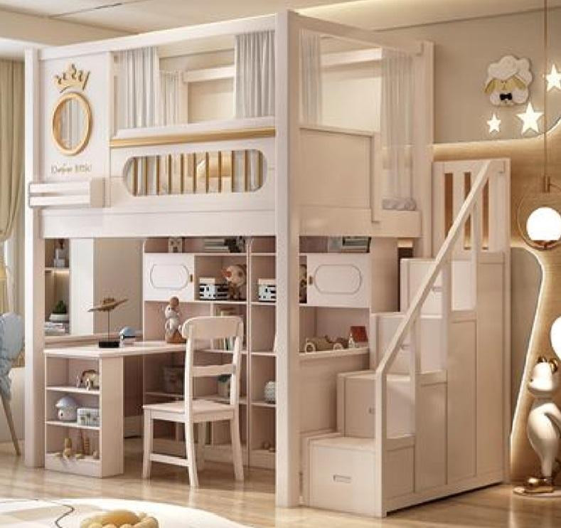 Wit houten kinderbed voor kinderen met bureau en verhoogd enkel bed ontwerp