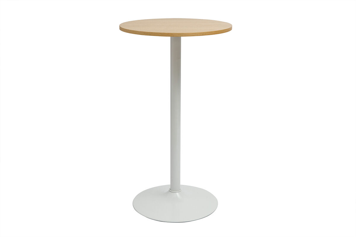 Miliboo Table haute design ronde en bois clair chêne et métal blanc D60 cm CALISTA