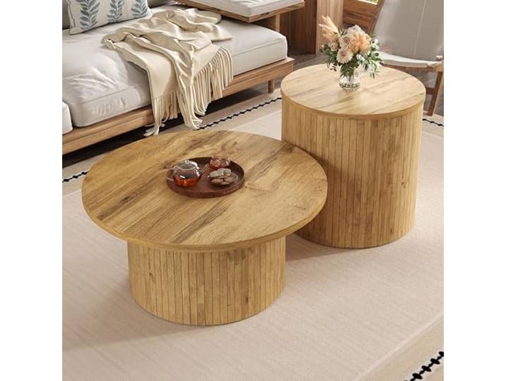 Merax Couchtisch Set, 75x75x36+50x50x50,5 cm, doppelter runder Wohnzimmertisch mit Beistelltisch, Naturholzlatten, abgerundete Kanten, flexibel kombinierbar, Natur