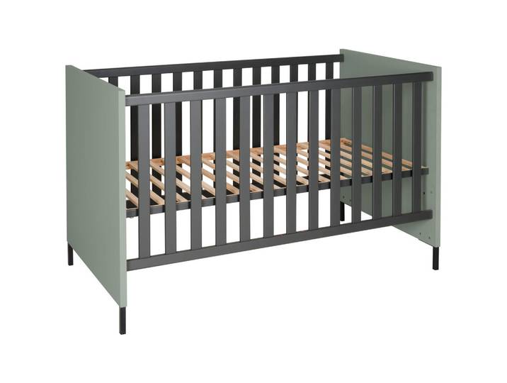 Jimmylee Gitterbett Mia, Anthrazit, Grün, Holz, Buche, 70x140 cm, DIN EN ISO 9001, zum Juniorbett umbaubar, höhenverstellbar, Aufbauanleitung im Karton, Lattenrost inklusive, Schlupfsprossen, Babymöbel, Babybetten, Gitterbett