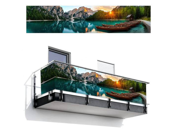 MuchoWow Balkon-Sichtschutz See - Berge - Sonnenuntergang - Boot, Petrol, Kunststoff, Rechteckig, 500x110 cm, Sonnenschutz, Sichtschutz