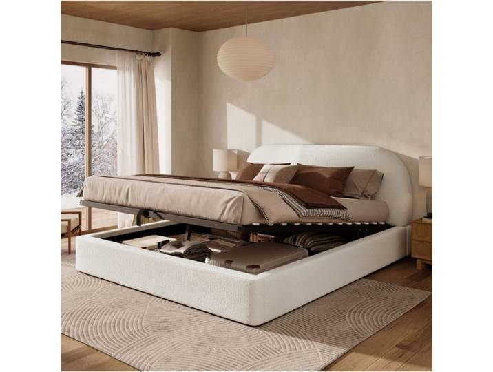 VUENOR Lit coffre 160x200 cm beige – hydraulique sommier inclus sans matelas
