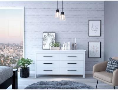 Loedds Modern 6-Drawer Wide Dresser with Spacious Rectangular Storage - White
