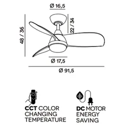 Deckenventilator mit Licht Perenz 7192 B CT Weiß - Ø 91,5 cm, 3 Flügel, 6 Geschwindigkeiten, Gleichstrommotor 35 W, geräuschlos