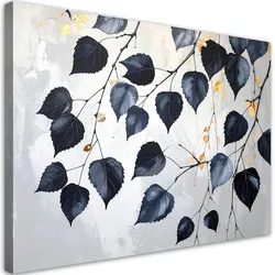 LEINWANDBILD, Schwarze Birkenblätter auf grauem Hintergrund
