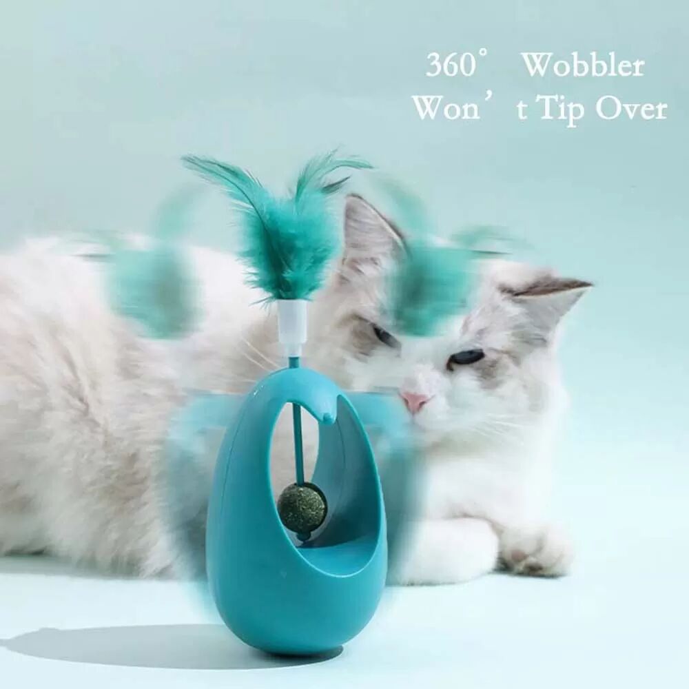 INF Jouet Interactif Wobble Tumbler pour Chat avec Balle à Cataire et Plumes Bleu