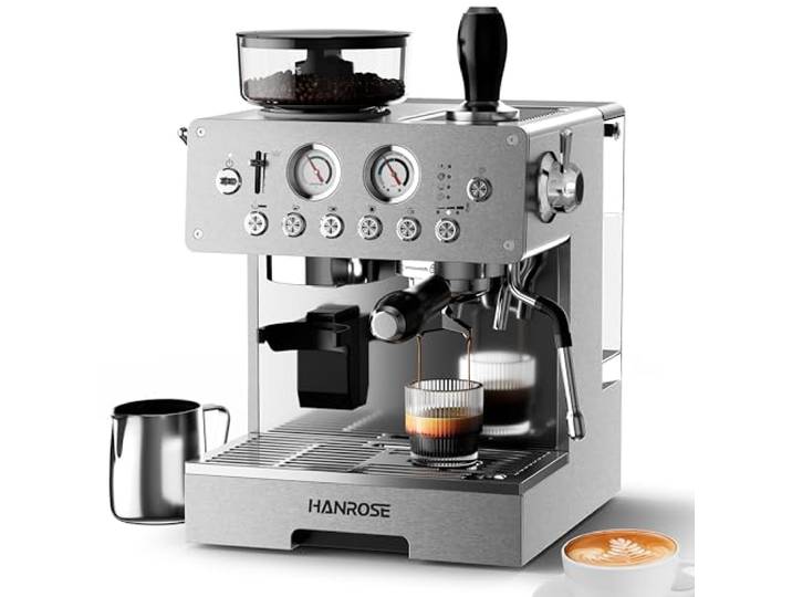 Hanrose Espresso Siebträgermaschine mit Mahlwerk – 20 Bar Edelstahl Kaffeemaschine mit Milchaufschäumer für Cappuccino & Latte, Einstellbare Temperatur, Separate Heißwasser- & Americano-Funktion