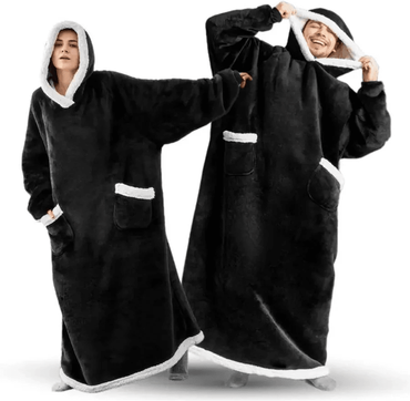Inspire Essentials CozyWrap Super Long Flannel Blanket Hoodie Oversized Wearable Blanket 5 Ft 11 In black