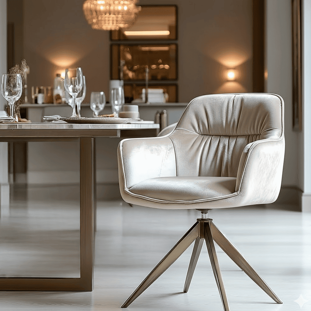 Elvinne Beige Velvet Swivel Dining Chair with Brass Base