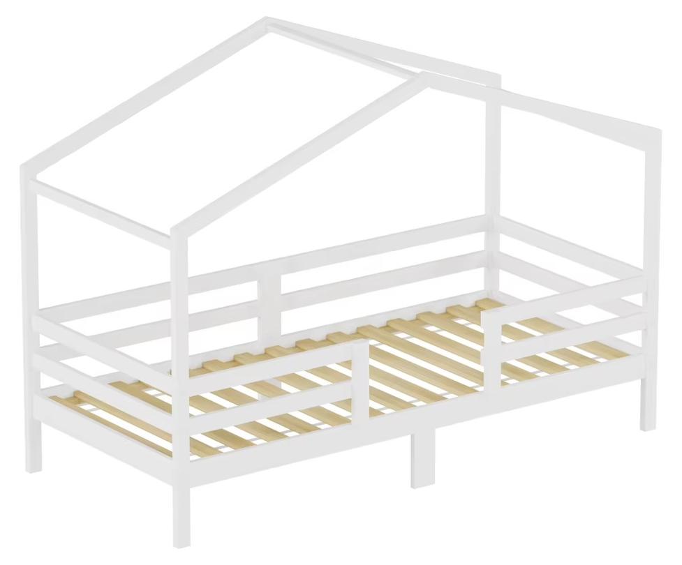 Kinderbett - Bett 90 × 200 cm - Massives Kiefernholz - Lattenrost aus Kiefer - Rausfallschutz an drei Seiten - Hausförmige Dachkonstruktion - Weiß