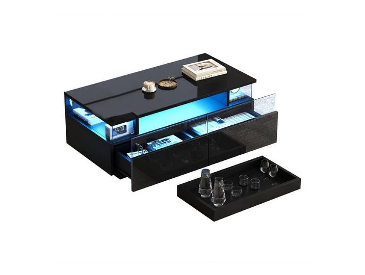 OKWISH Couchtisch mit Tablett (Beistelltisch, Kaffeetisch, 1-St., 2 Schubladen), Hochglanz, mit LED-Licht