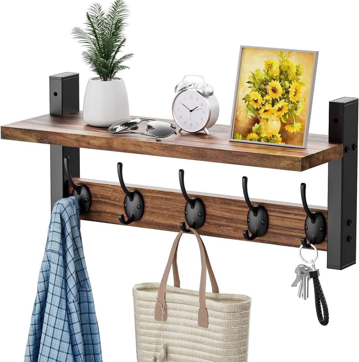 Houten Wandkapstok met Plank en 5 Metalen Haken voor Hal, Slaapkamer, Badkamer en Keuken