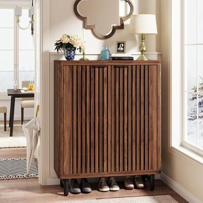 Jiallo "33"" Modern Walnut Wooden 6-Tier Shoe Cabinet with Louvered Doors"