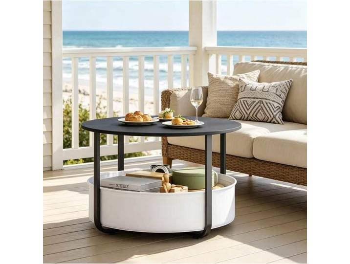 ROVRYN Table basse ronde 80 x 50 cm avec panier de rangement amovible métal noir