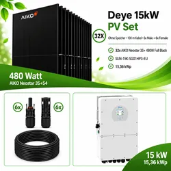 PV  Komplettset  15,36  kWp  -  32x  AIKO  480W  Full  Black  -  Deye  15  kW  Hybrid  Wechselrichter  -  ohne  Speicher