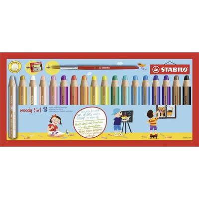 STABILO Buntstift, Wasserfarbe & Wachsmalkreide - woody 3 in 1 - 18er Pack mit Spitzer und Pinsel - mit 18 verschiedenen Farben