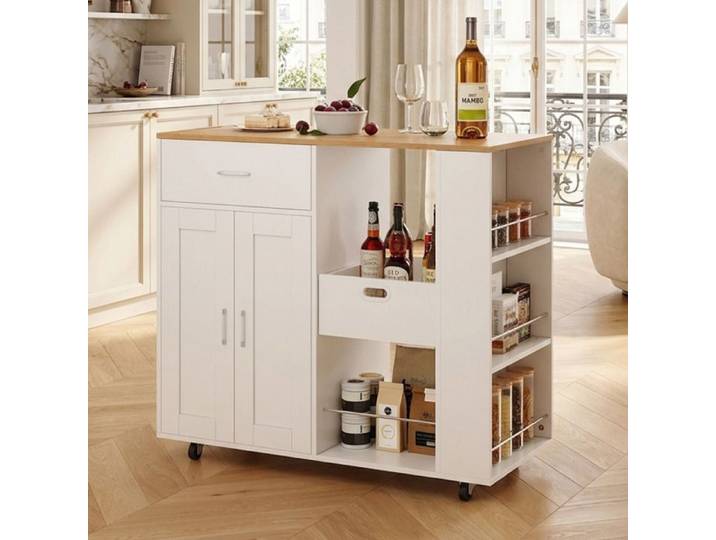 Desserte de Cuisine à Roulettes SORVAGLOS Bîlot de Cuisine à Roulettes Grand Placard Tiroir Porte-Serviettes 102x46x92cm Blanc