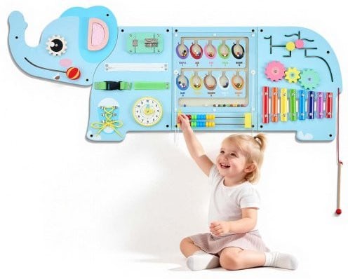 VEVOR Montessori Busy Board 14-in-1 Sensorisch Wandactiviteitenbord Olifant, Multicolour Houten Educatief Speelbord voor Vroege Ontwikkeling
