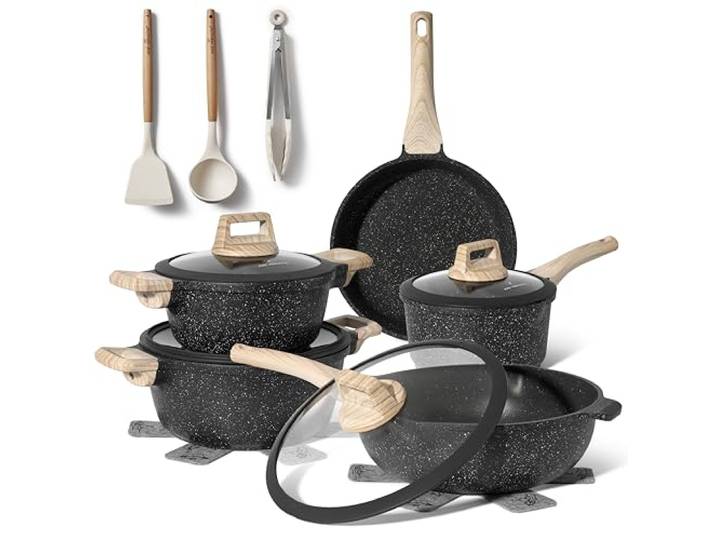 JUST PERFECTO Induktions Töpfe Set - Pfannenset mit deckel - Induktions Töpfe Set - töpfe & pfannen set ohne PTFE und PFOA - Kratzschutz-Silikon Kochgeschirr Topfset induktion 14 pcs black