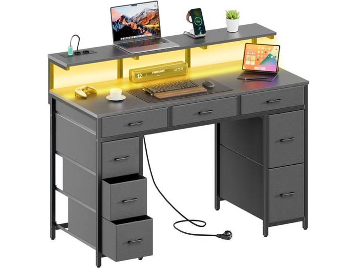 ECOFURNIX Bureau avec 8 Tiroirs en Tissu 120 × 50 cm Bureau Gaming LED avec Prises & Ports USB Bureau Gamer Gris