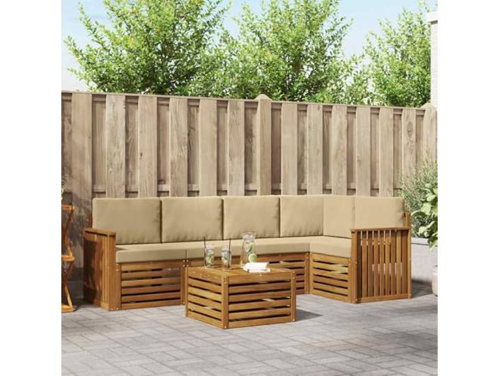 Molumvel Ecksofa Set, 6-TLG. Akazienholz, Natur & Beige Wetterfestes Latten-Design, Modulare Konfiguration