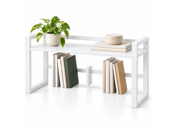 Relaxdays Tischregal Weiß Bambus verstellbare Buchstütze 66 cm, Holz, Textil, 66x39x19.5 cm, Büromöbel, Schreibtische